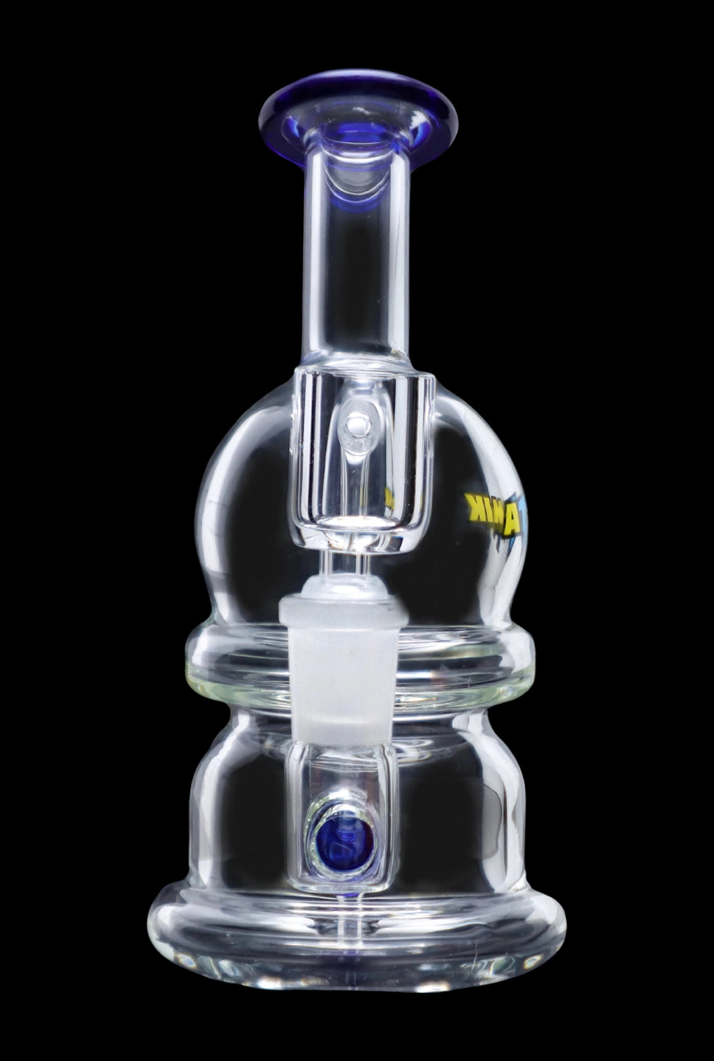 Clear glass dab rig with blue accents, featuring a bubbler design and intricate glasswork.