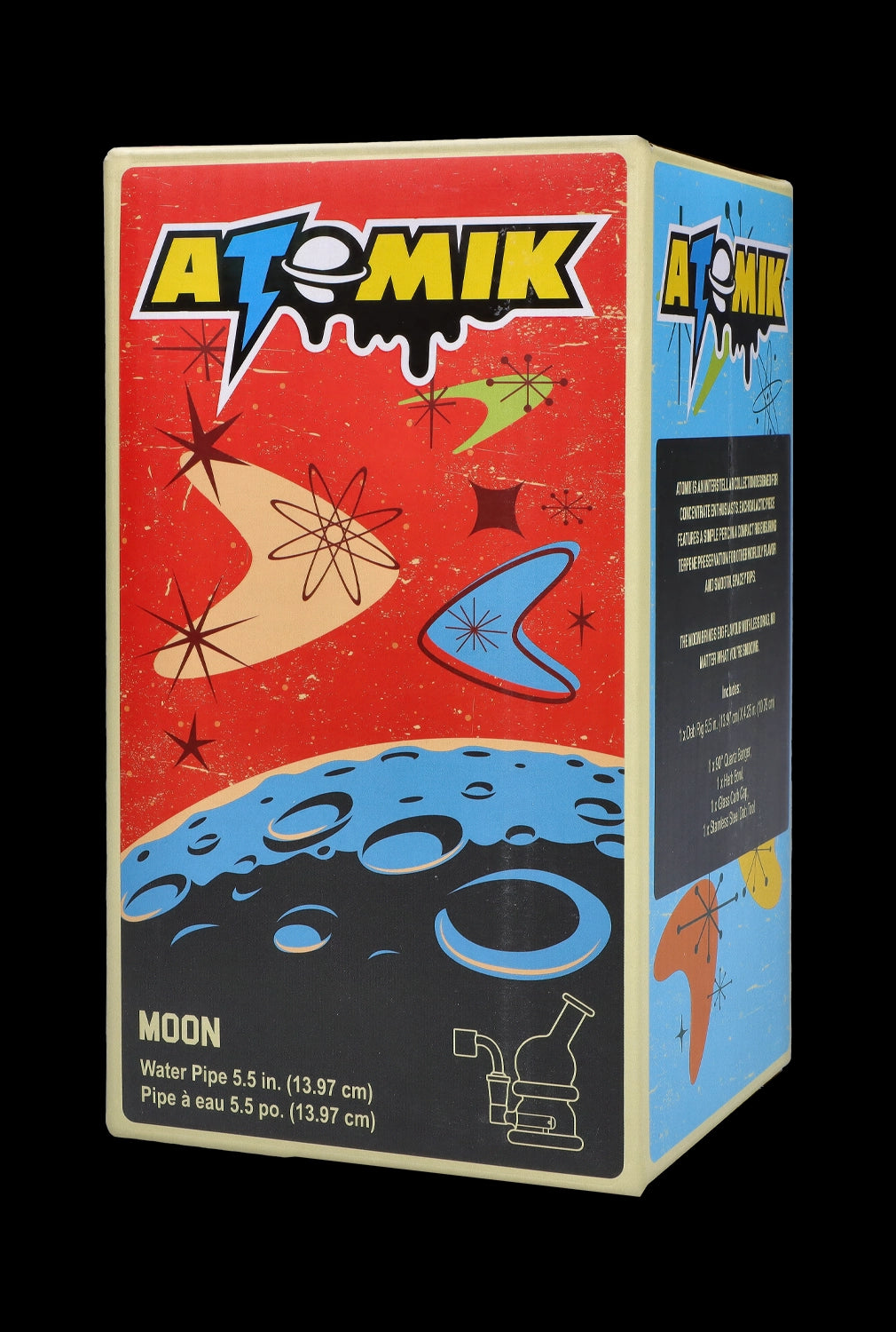 Box for “Atomik Moon” water pipe, featuring a retro space-themed design with a blue and red color scheme.