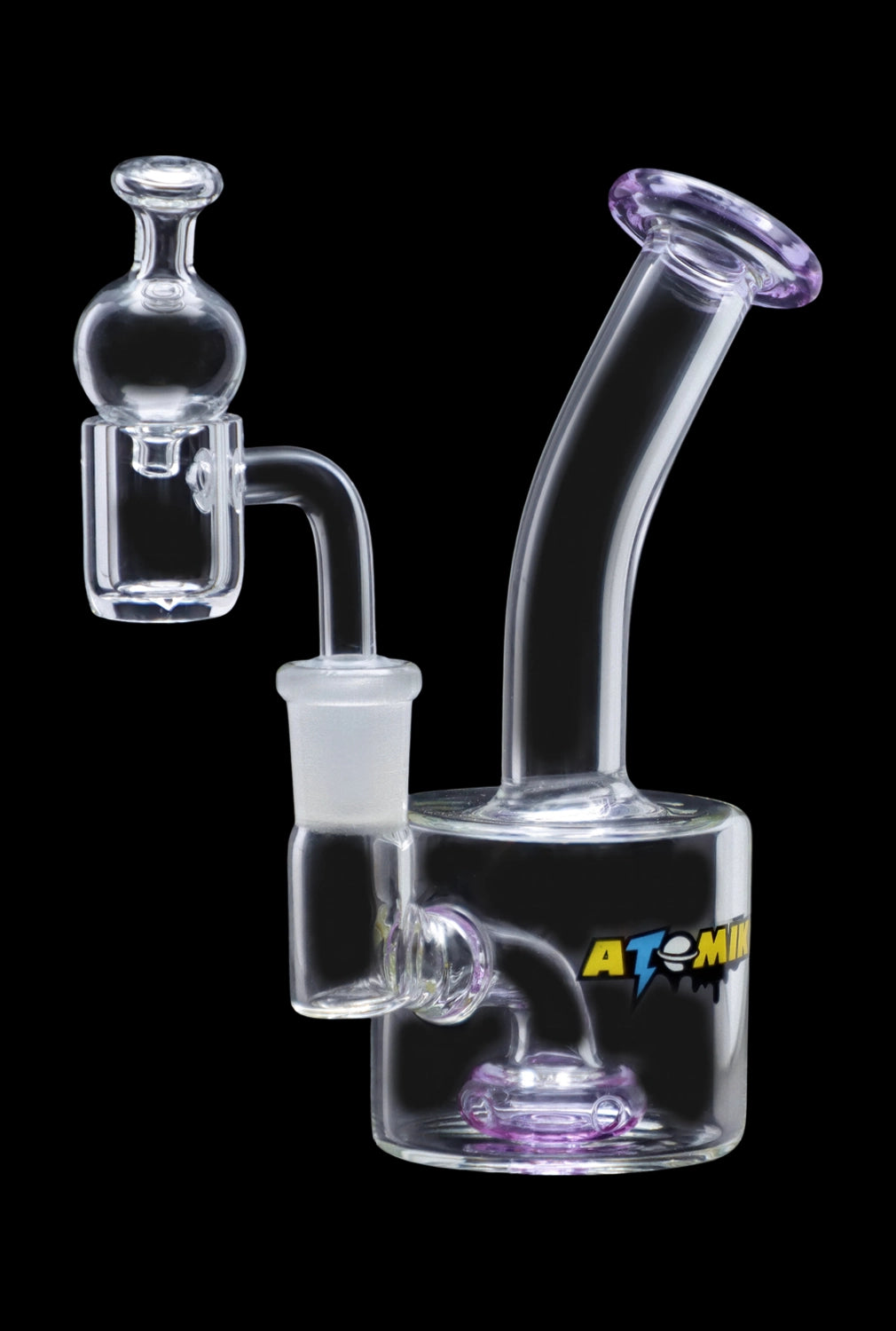 A side view of the Atomik Little Dipper Dab Rig showcases its compact size and clear glass construction with a visible joint.