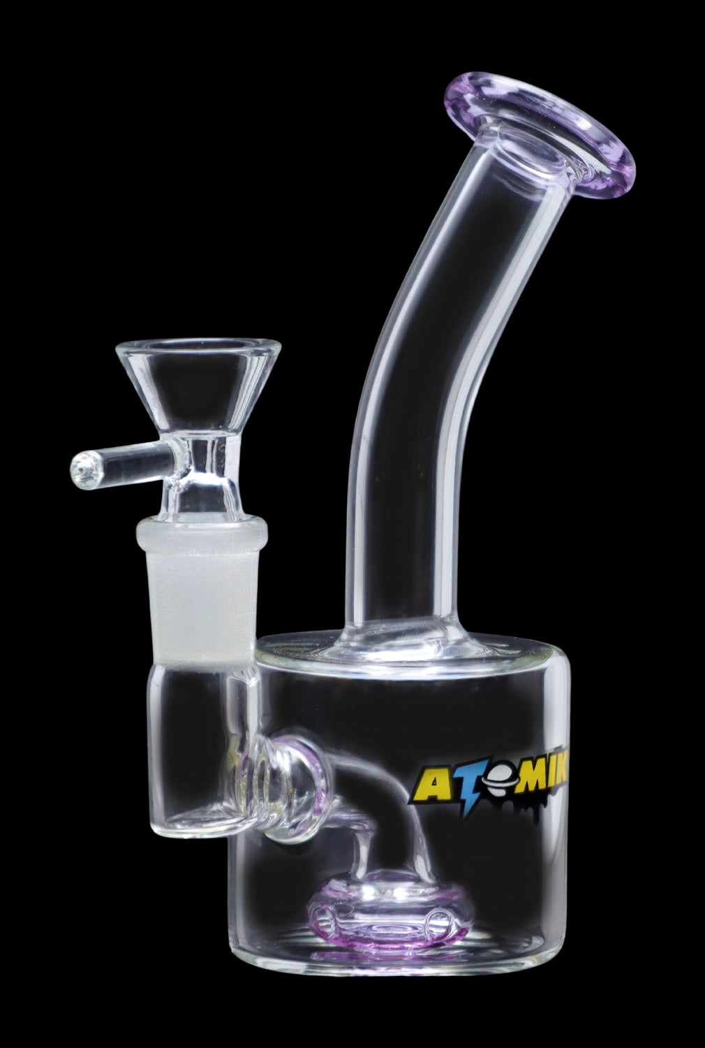 A side view of the Atomik Little Dipper Dab Rig, showing its clear glass construction and compact 5.25-inch size.