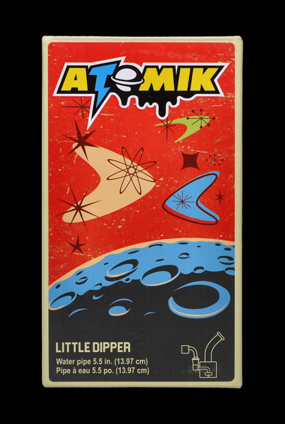 Front view of the Atomik Little Dipper Dab Rig - 5.25 in., showcasing a colorful graphic on a glass rig.