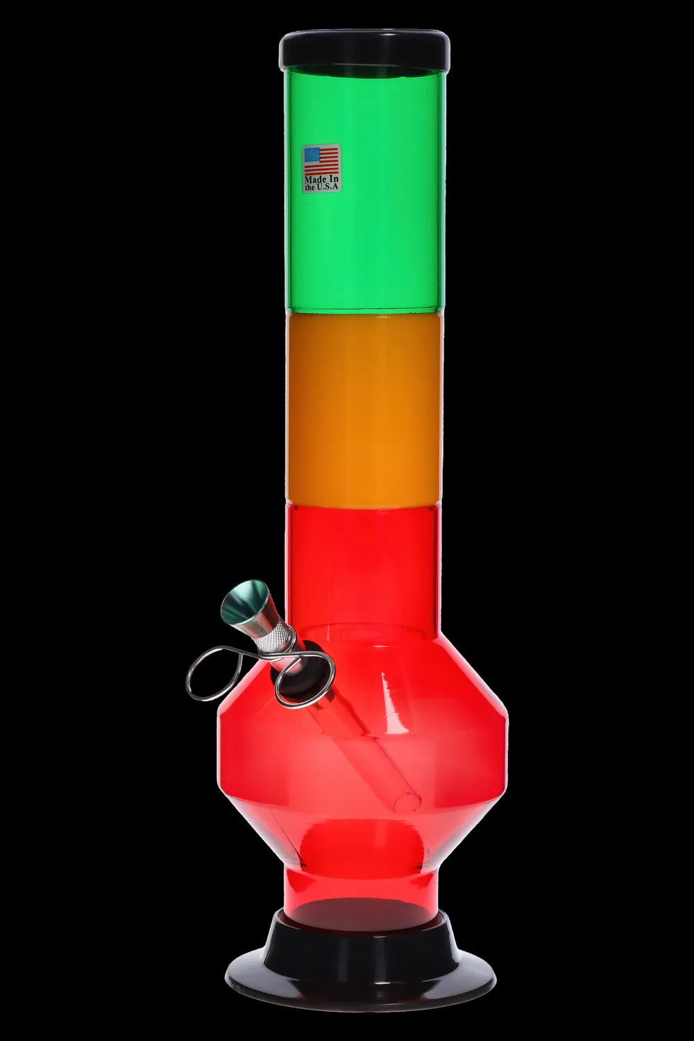 Front view of the JM Plastics Rasta Geometric with Pull Slide Acrylic Bong showing stacked green, yellow, and red geometric sections on a black background.