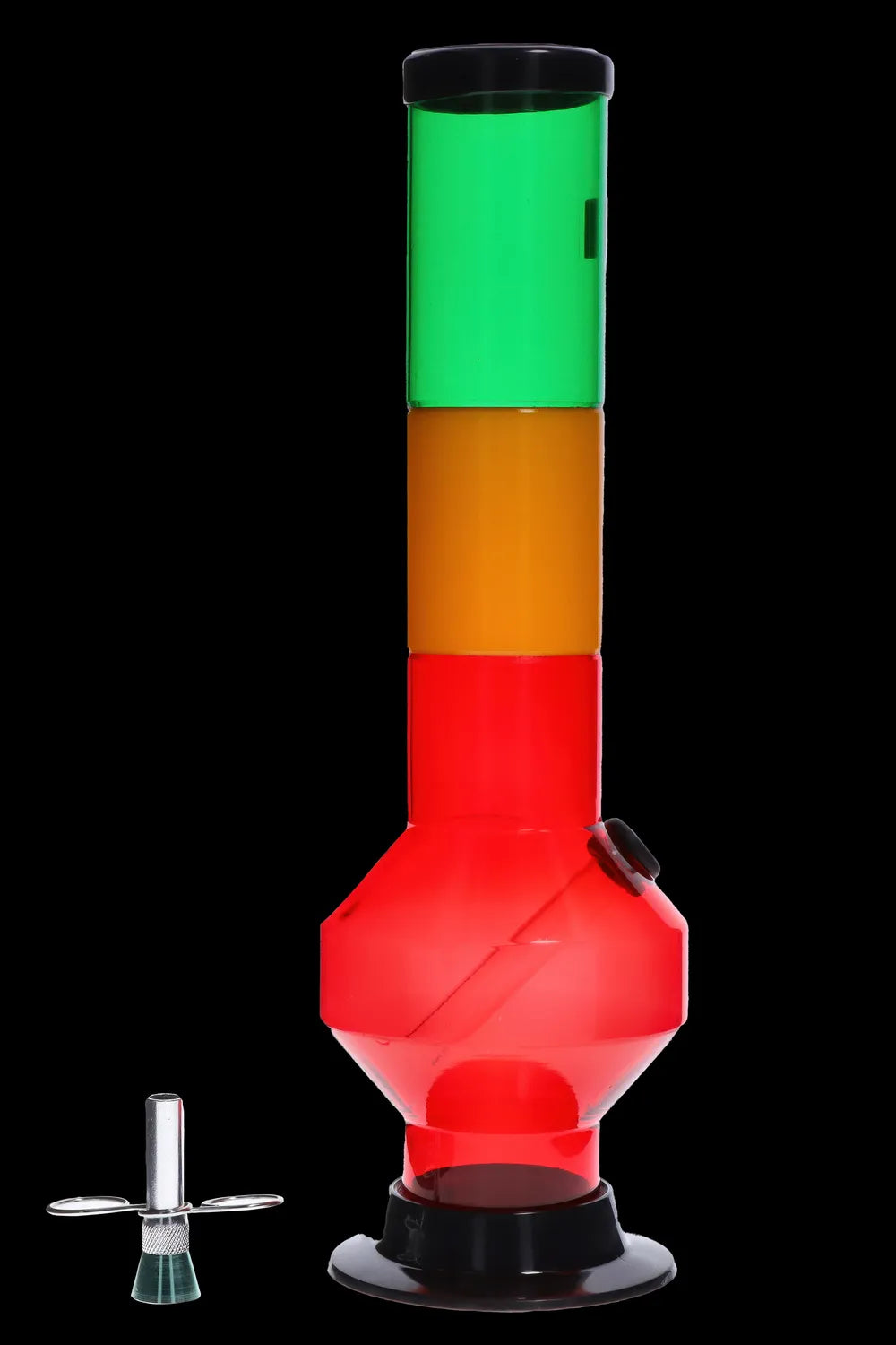 Center-frontal view of the JM Plastics Rasta Geometric with Pull Slide Acrylic Bong showing stacked green, yellow, and red geometric sections against a black background.