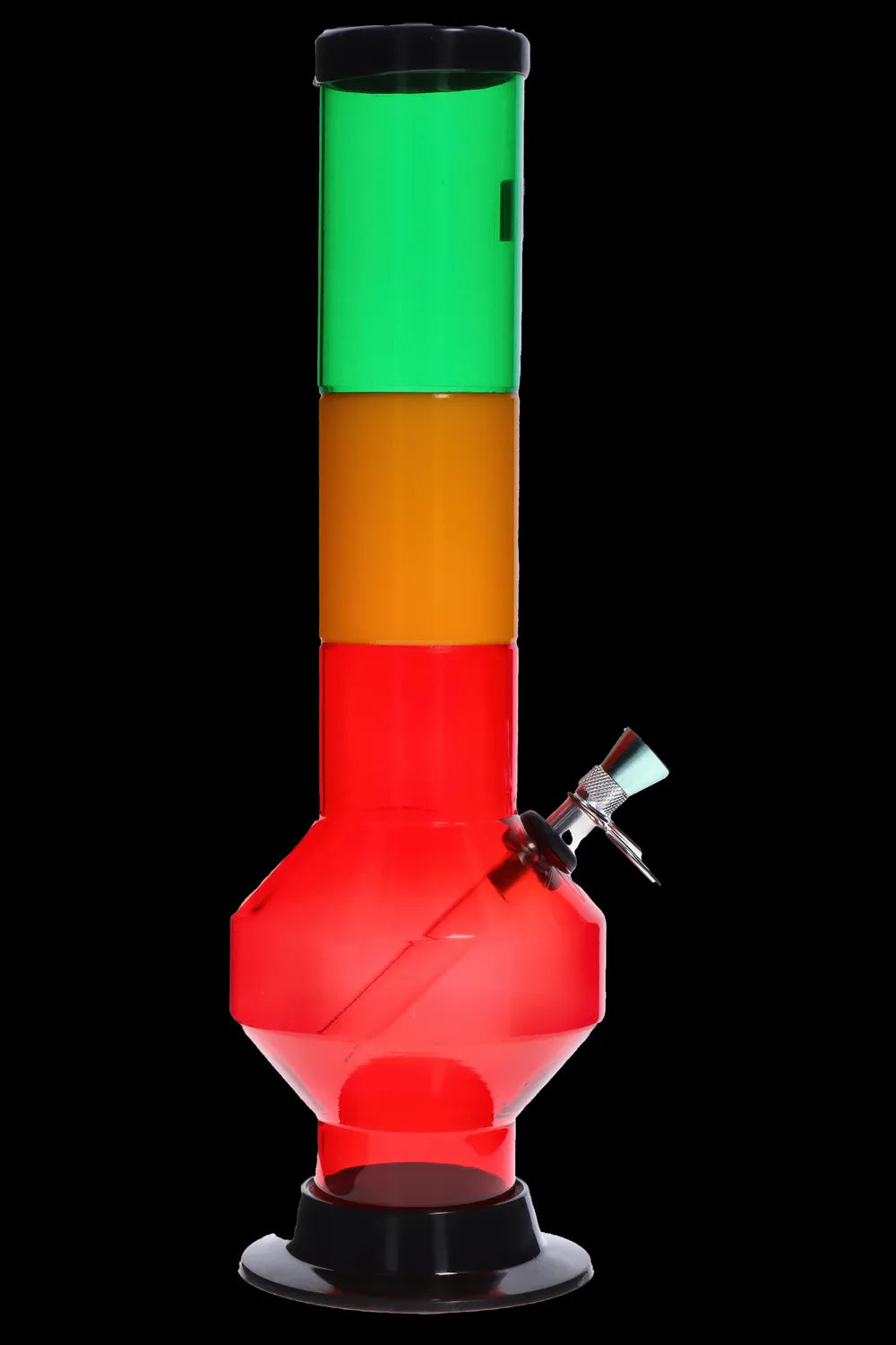 Vertical front view of the JM Plastics Rasta Geometric with Pull Slide Acrylic Bong showing stacked green, yellow, and red cylindrical sections and an angled metal pull slide against a black background