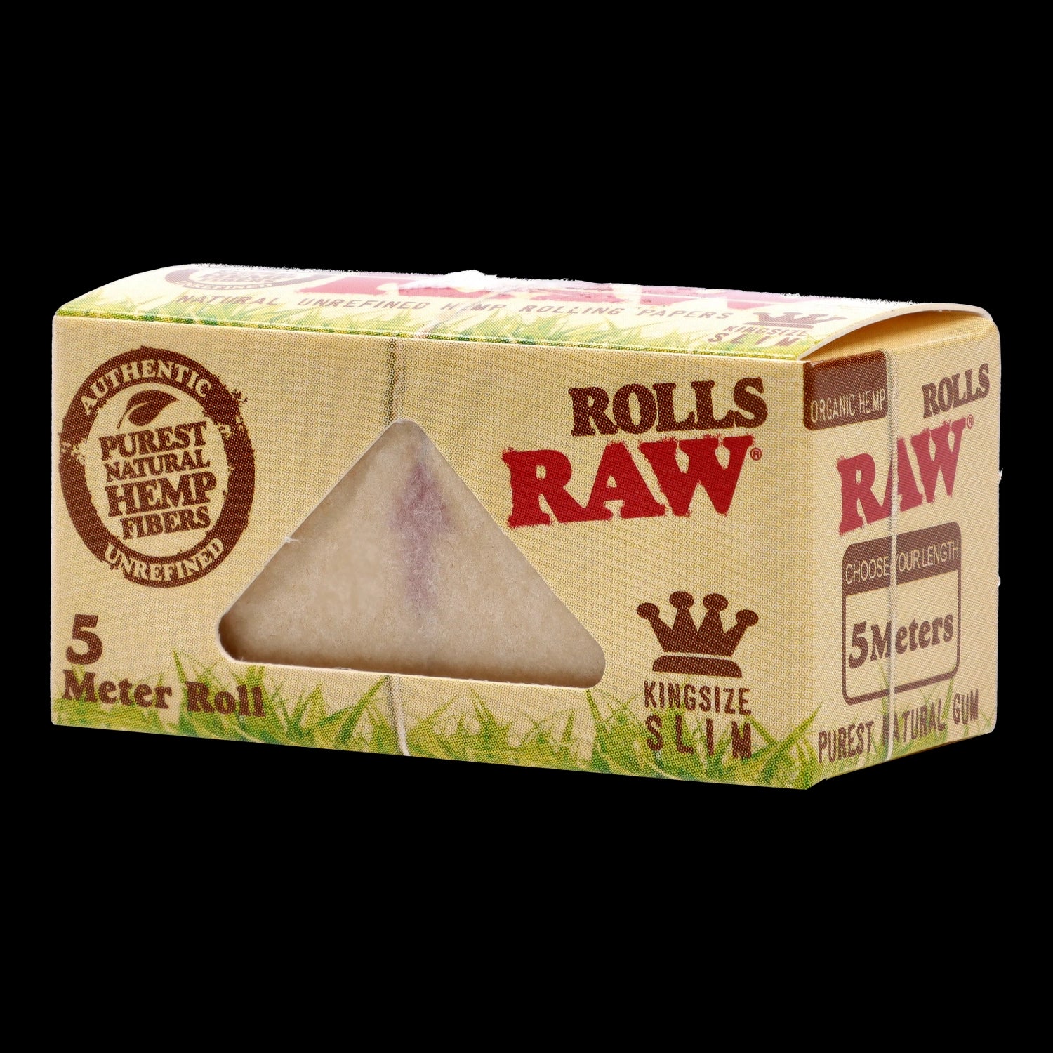 Angled close-up of the Smoke Cartel RAW - King Size Slim 5 Meter Paper Roll box showing the triangular dispensing window, kraft-colored packaging and red RAW logo.