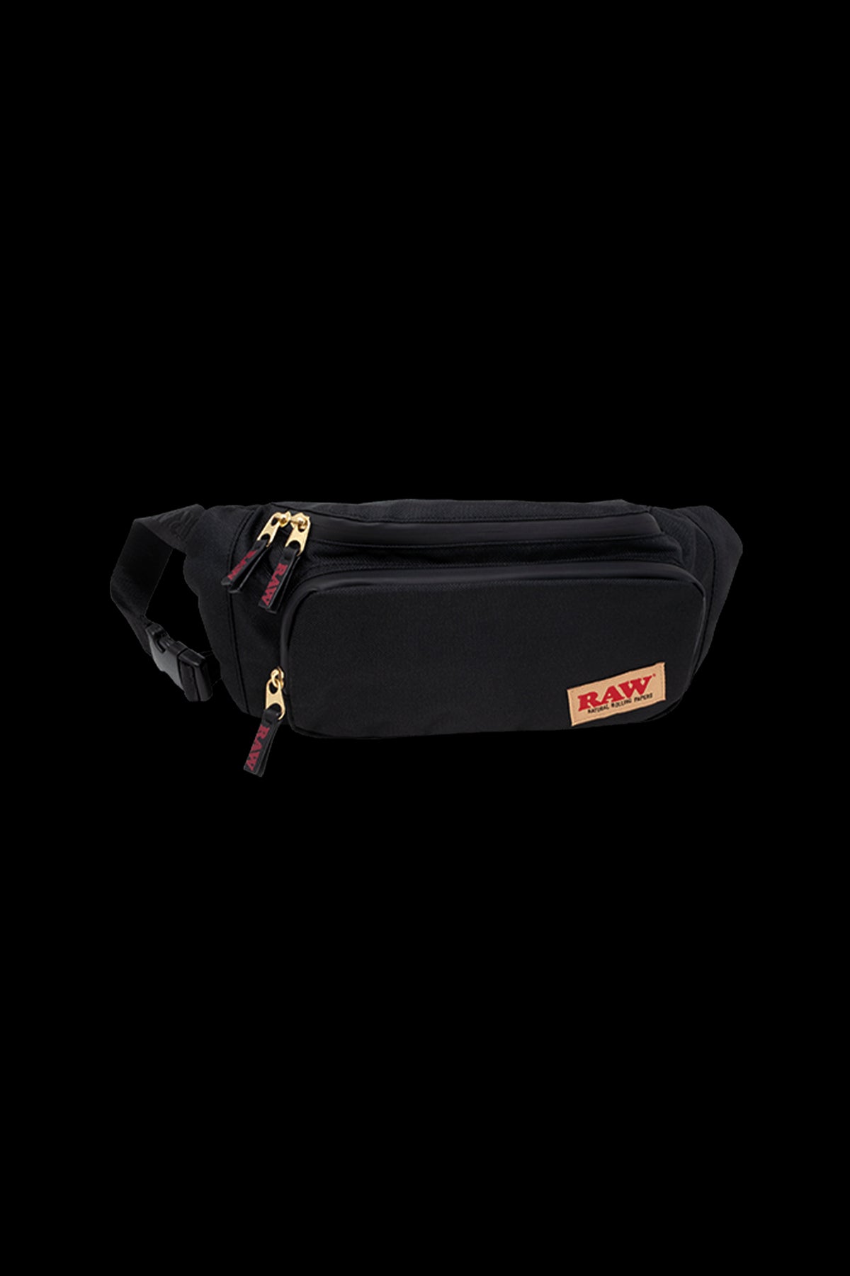 Black RAW brand fanny pack with red zipper pulls.