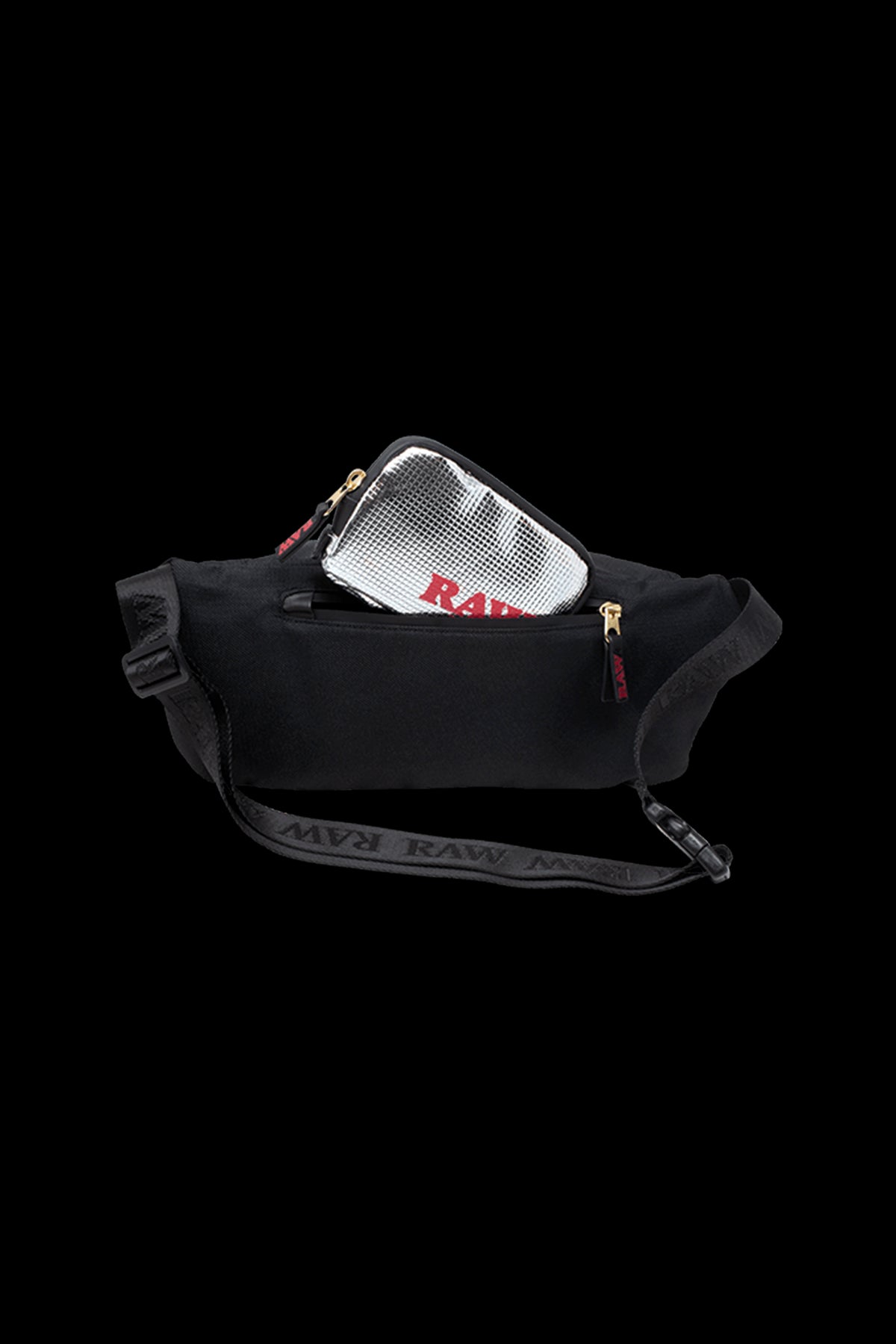 Black RAW brand smell-proof bag with a silver interior and branded strap.