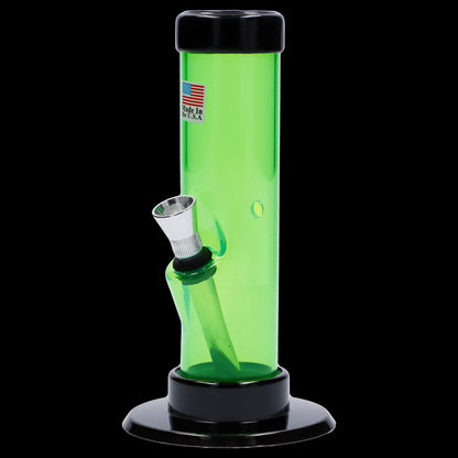 Green acrylic water pipe with removable downstem and bowl.