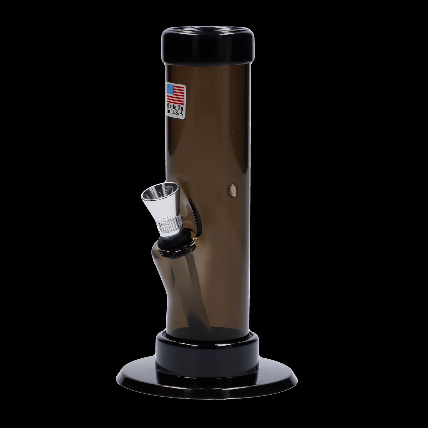 Brown glass water pipe with a flared base and removable downstem.
