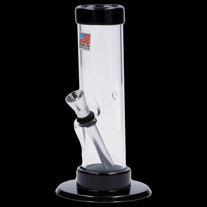 Clear glass water pipe with a black base and bowl.