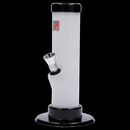 White glass water pipe with black accents, displaying a “Made in the U.S.A.” label.