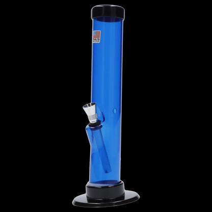 Blue glass water pipe with metal screen and "Made in USA" label.