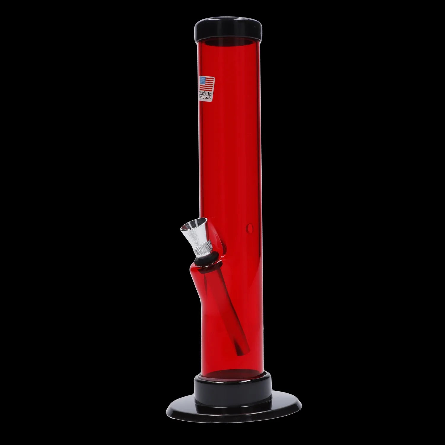 Red glass bong with a black base and downstem.