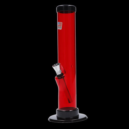 Red glass bong with a black base and downstem.