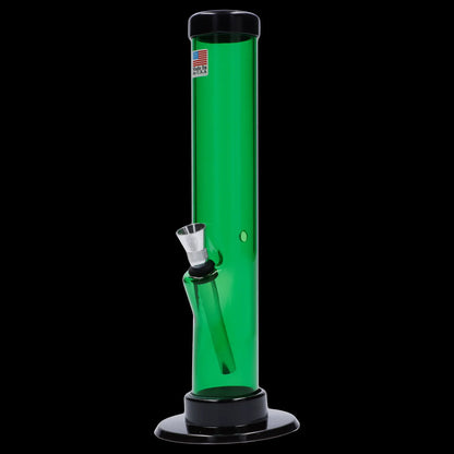 Green glass bong with metal downstem and base.