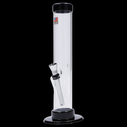 Clear glass bong with a black base and mouthpiece.