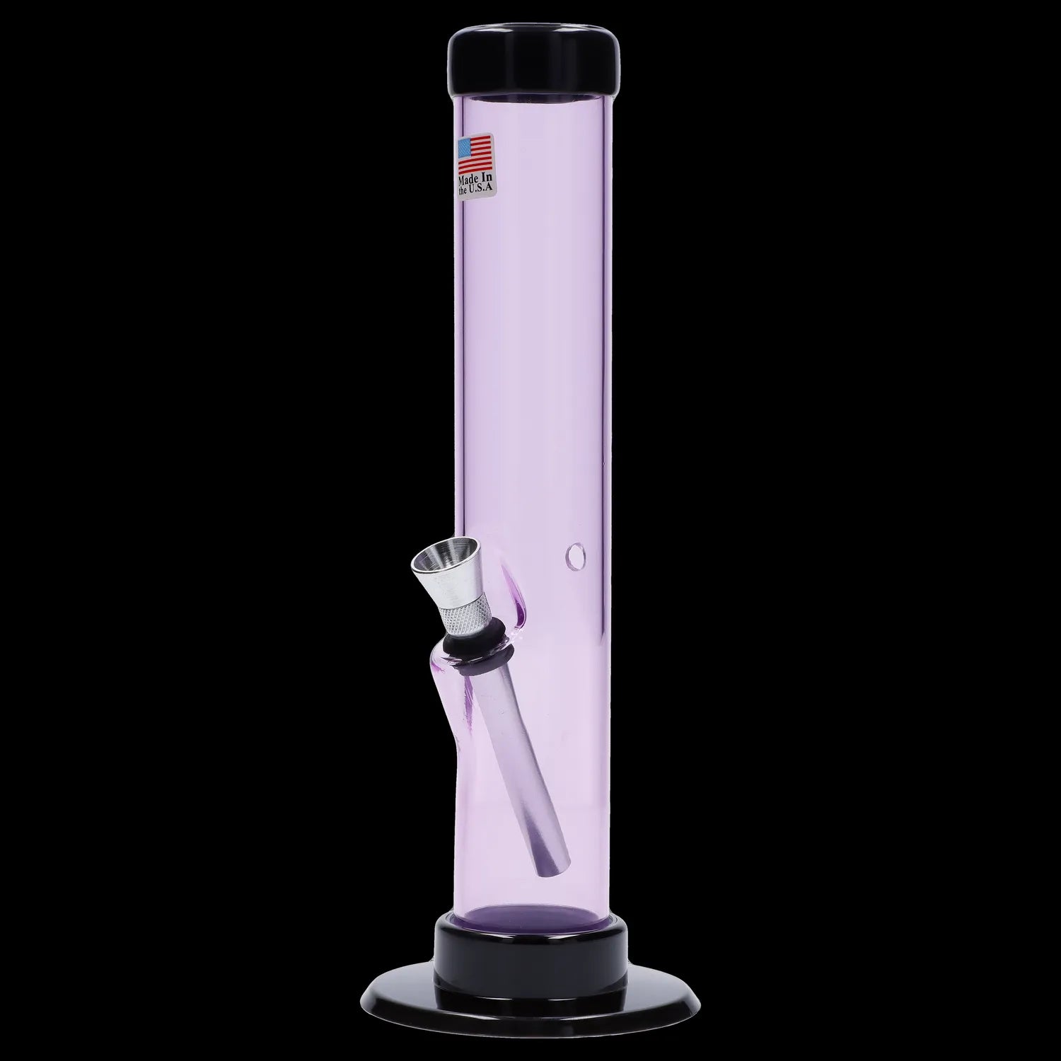 Pink glass water pipe with metal downstem and black accents.