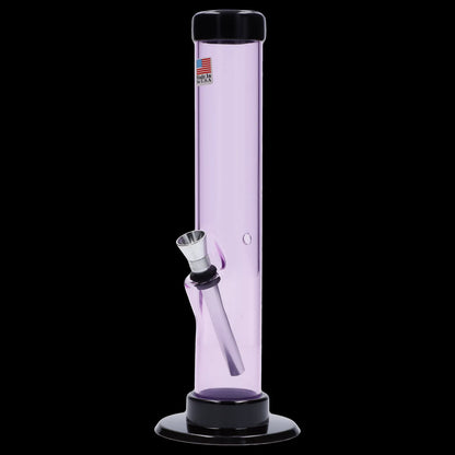 Pink glass water pipe with metal downstem and black accents.