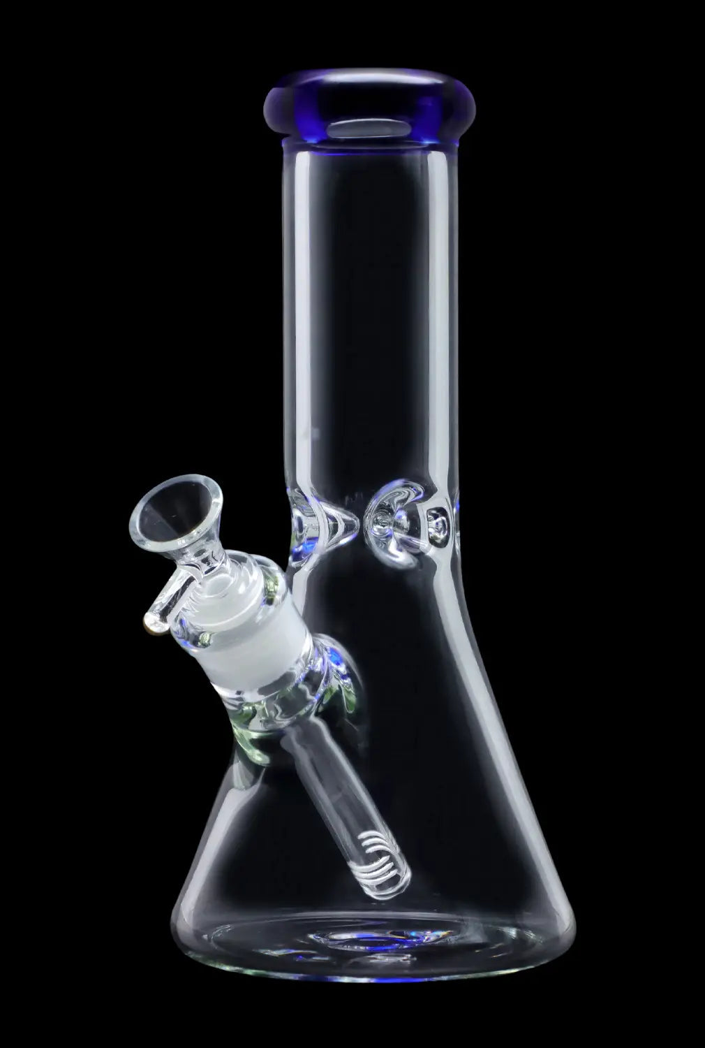 A front view of the 10-inch Smoke Cartel Beaker water pipe, featuring a colorful mouthpiece and ice pinch, against a black background.