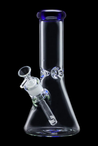 A front view of the 10-inch Smoke Cartel Beaker water pipe, featuring a colorful mouthpiece and ice pinch, against a black background.