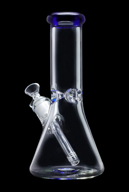 A front view of the 10-inch Smoke Cartel Beaker water pipe with a colorful mouthpiece and ice pinch, set against a dark background.