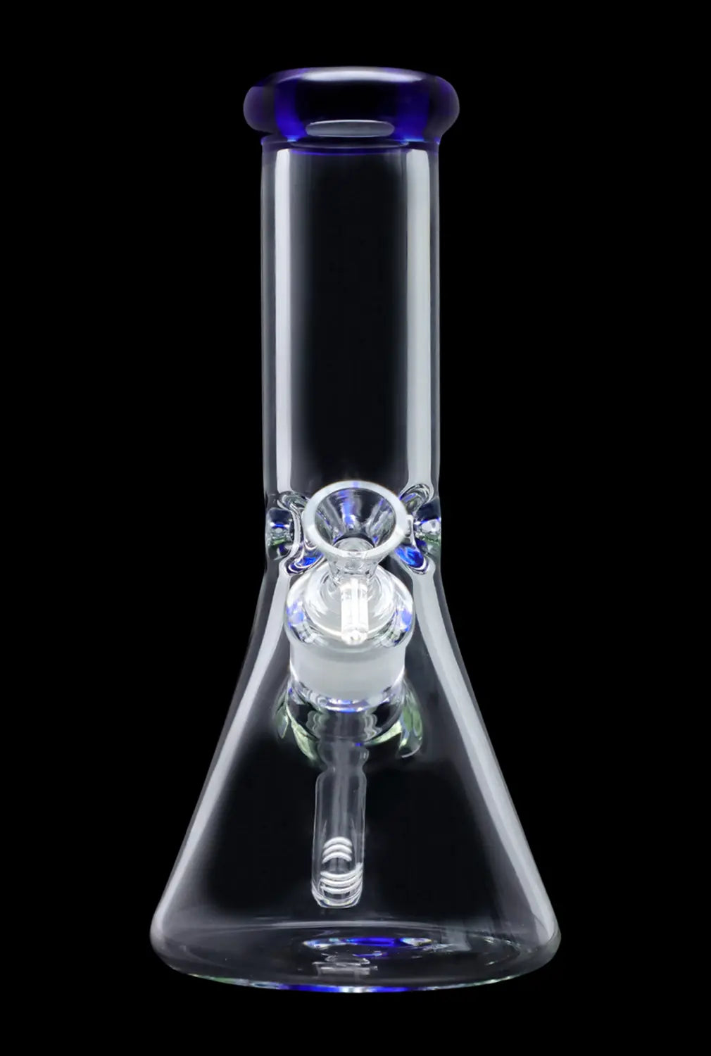 A front view of the 10-inch Smoke Cartel Beaker water pipe with a colorful mouthpiece and ice pinch, set against a black background.
