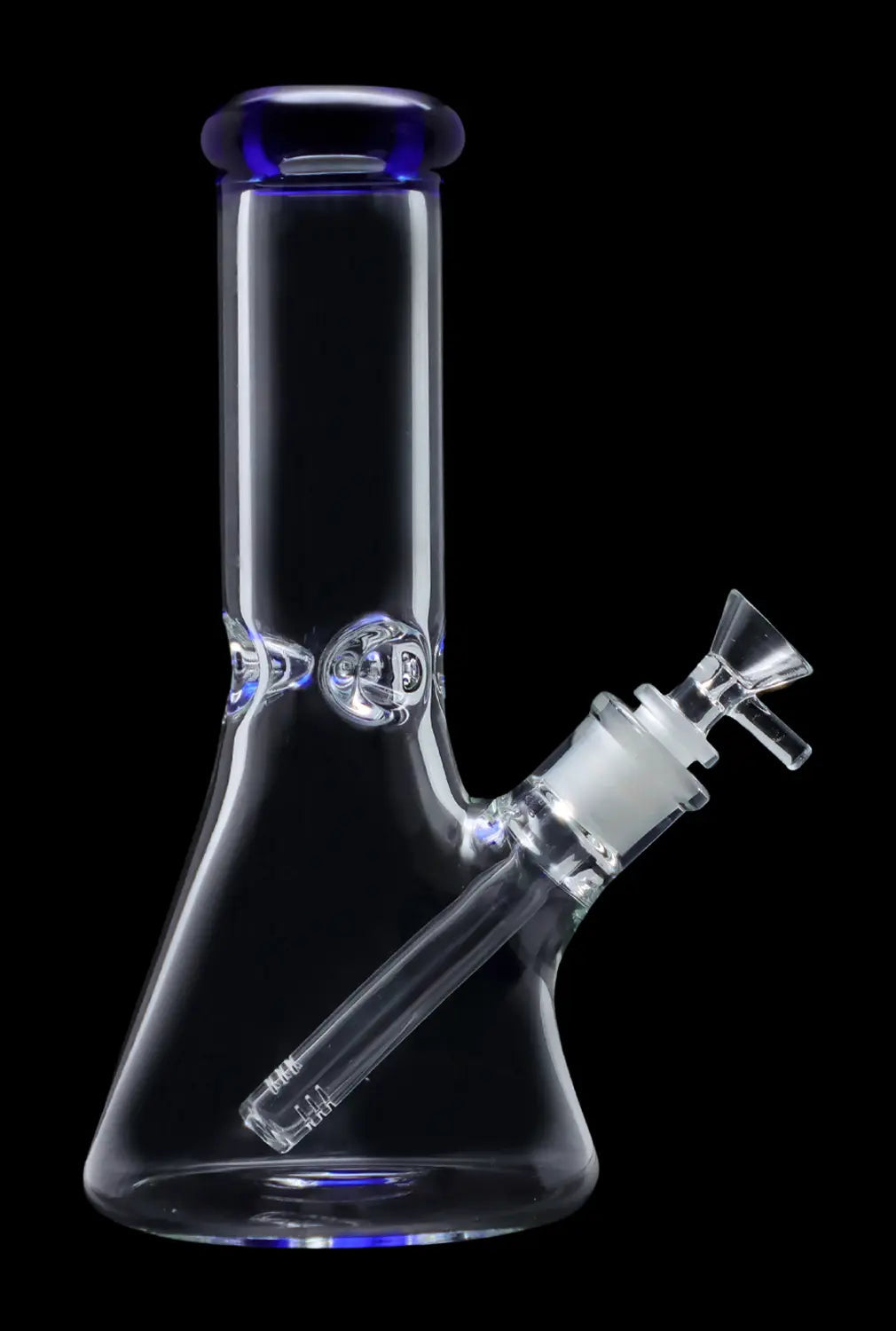 Front view of the 10-inch Smoke Cartel Beaker with a colorful mouthpiece, displaying the clear glass and beaker shape.