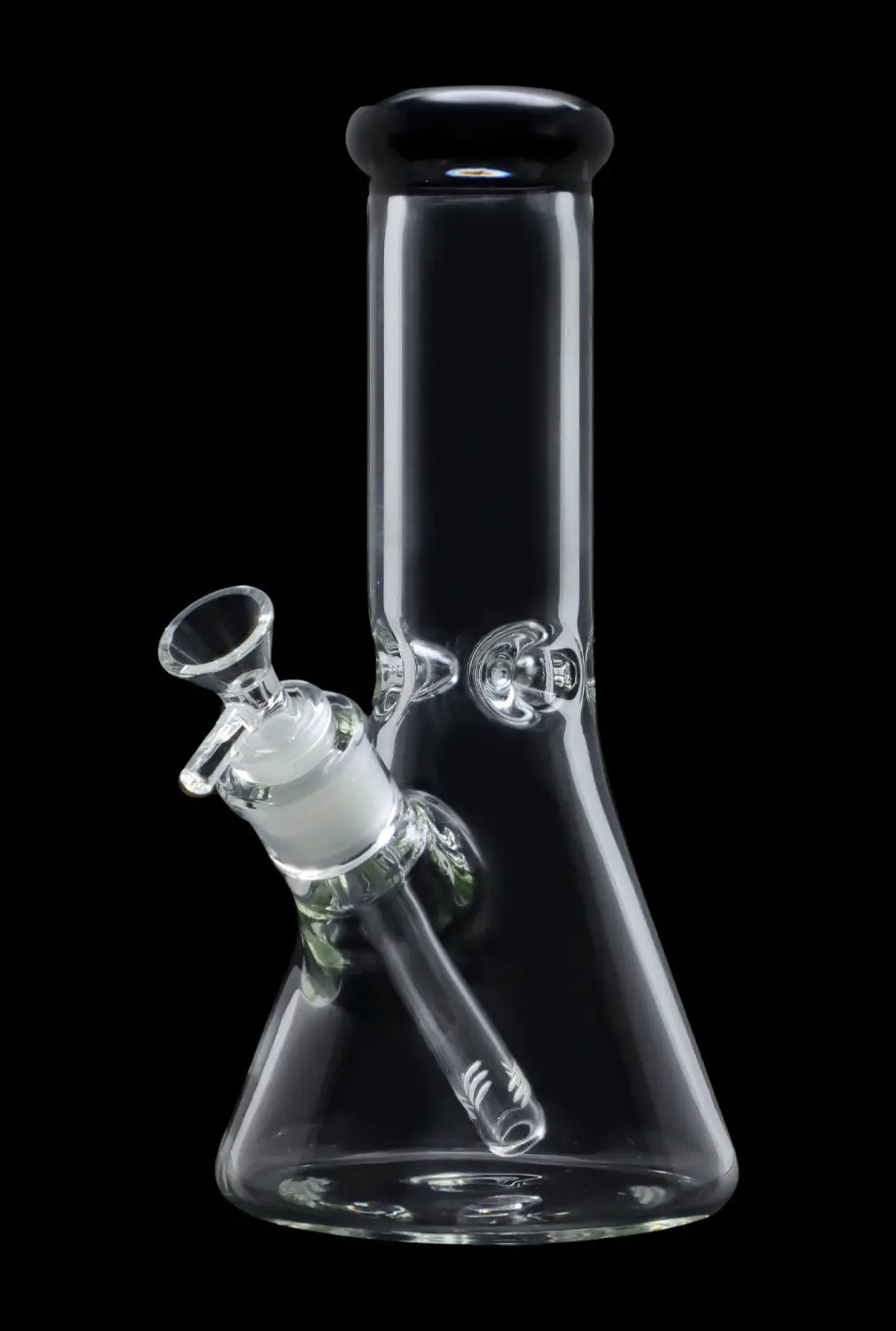 A front view of the 10-inch Smoke Cartel Beaker water pipe, showing its clear glass construction and colored mouthpiece.