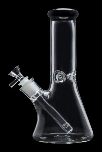 A three-quarter view of the 10-inch Smoke Cartel Beaker water pipe, featuring a colorful mouthpiece and ice pinch, against a dark background.