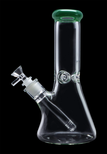 A front view of the 10-inch Smoke Cartel Beaker water pipe with a colored mouthpiece and ice pinch, displayed against a dark background.