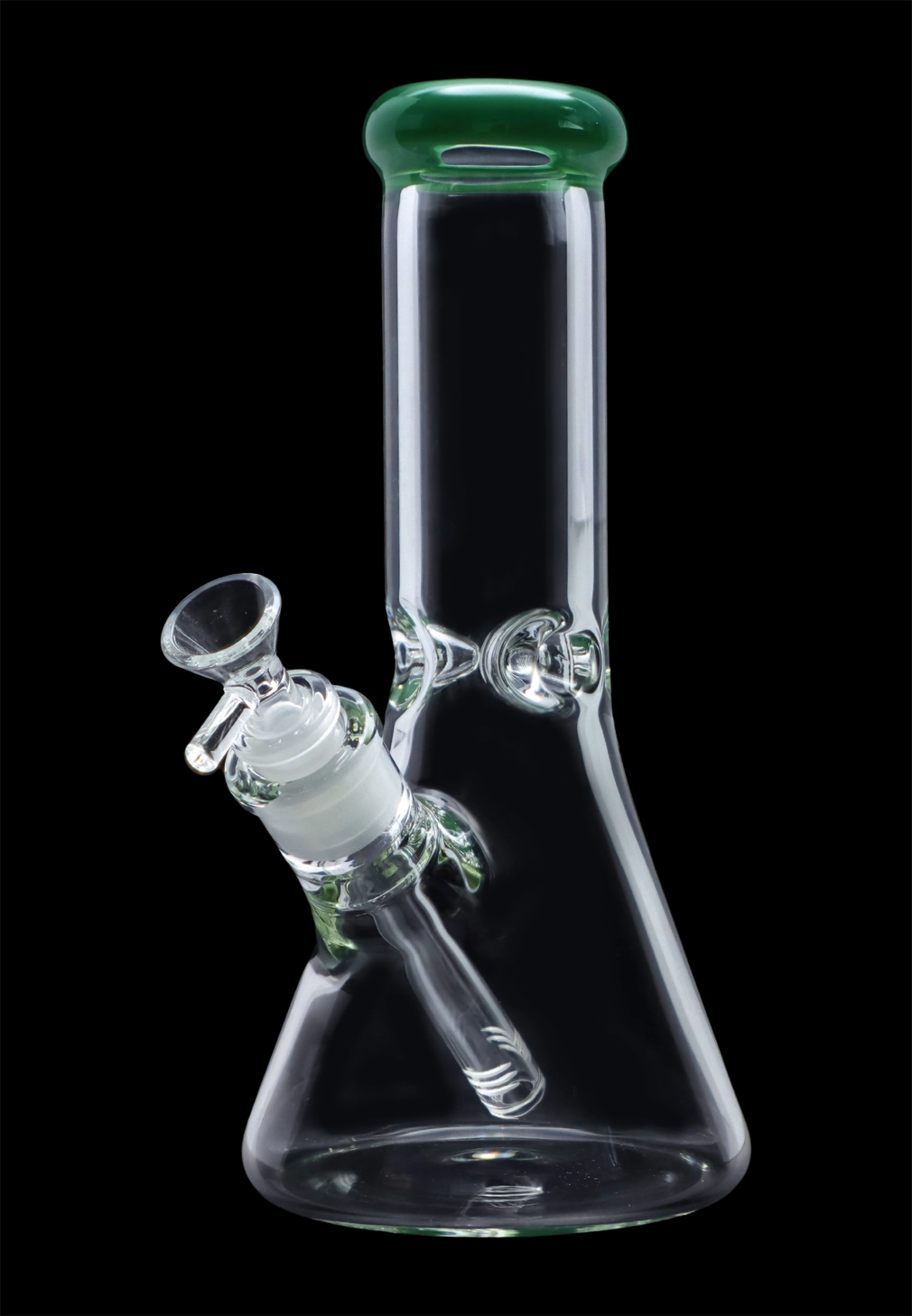 A front view of the 10-inch Smoke Cartel Beaker water pipe, featuring a colorful mouthpiece and ice pinch, against a dark background.