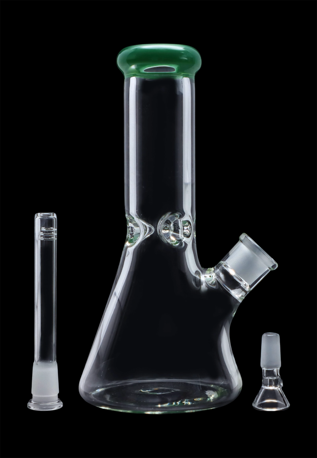 A front view of the 10-inch Smoke Cartel Beaker water pipe with a colored mouthpiece, displayed against a black background.