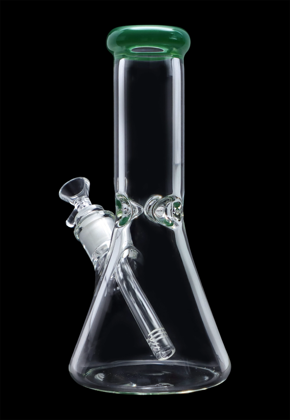 A front view of the 10-inch Smoke Cartel Beaker water pipe with a colorful mouthpiece, illuminated against a dark background.