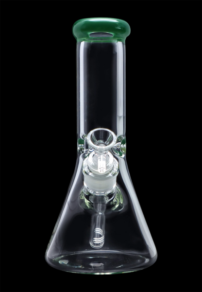 A front view of the 10-inch Smoke Cartel Beaker water pipe with a colorful mouthpiece, highlighting its clean glass construction.