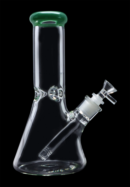A studio shot of the 10-inch Smoke Cartel Beaker water pipe with a color mouthpiece and visible ice pinch, against a dark background.