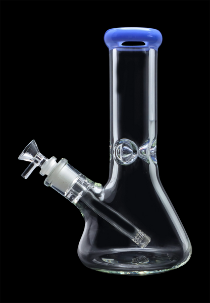 A front view of the 10-inch Smoke Cartel Beaker water pipe with a blue mouthpiece and visible ice pinch, set against a black background.