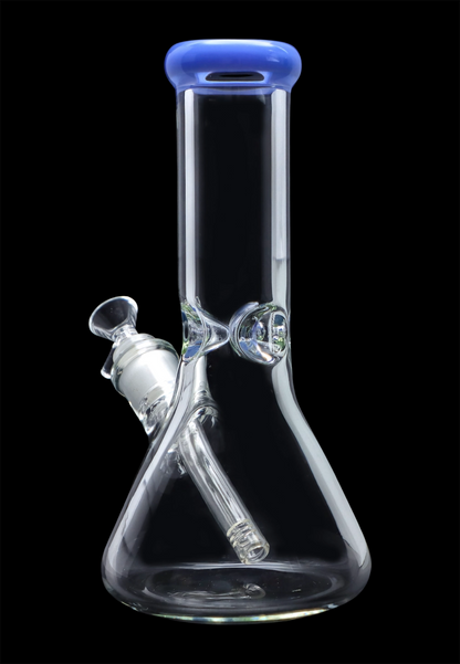 A studio shot of the 10-inch Smoke Cartel Beaker water pipe with a blue mouthpiece and ice pinch, displayed against a black background.