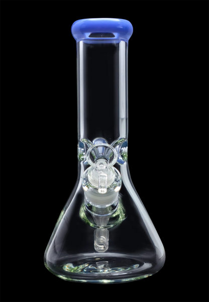 Front view of the Smoke Cartel Beaker with a blue mouthpiece and ice pinch, showcasing its clear glass construction.