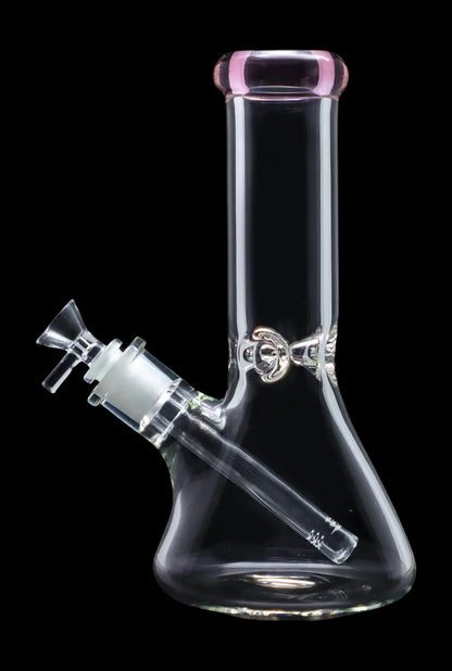 Front view of the 10-inch Smoke Cartel Beaker water pipe, featuring a colorful mouthpiece and ice pinch, against a black background.