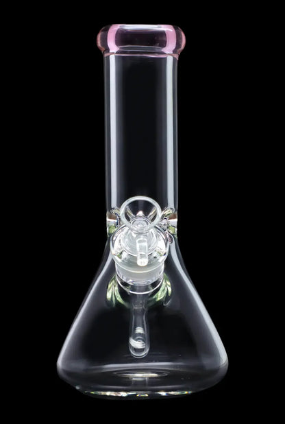 A straight-on view of the 10-inch Smoke Cartel Beaker water pipe, featuring a colored mouthpiece and ice pinch.