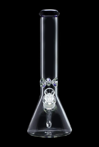 Clear glass bong with blue accents, studio shot on black background.