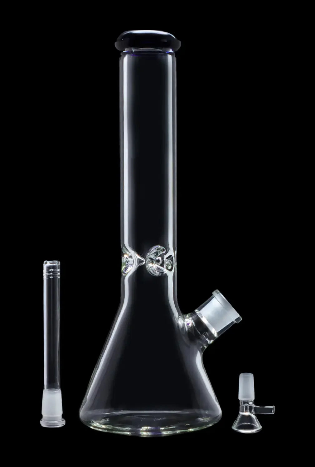 Clear glass bong with decorative silver ring and accompanying glass downstem and bowl, isolated on black.