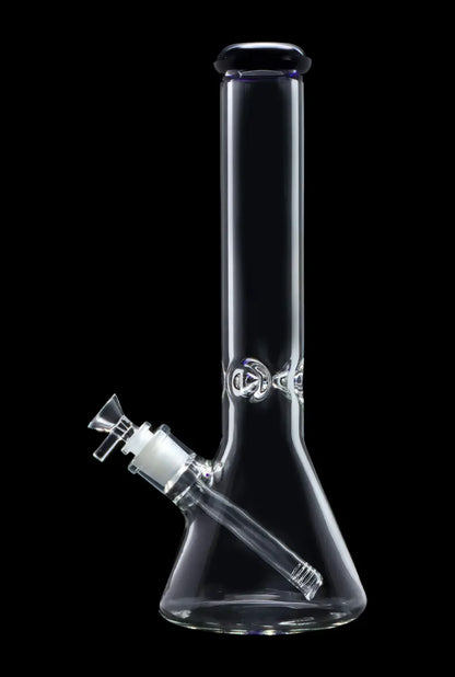 Clear glass bong with ice catcher and intricate bubble design.