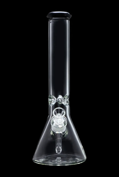 Clear glass bong with intricate percolator against a black background.