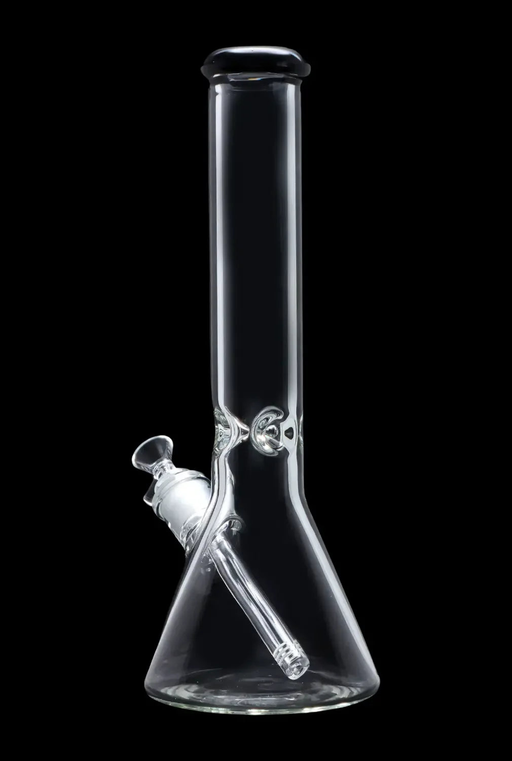 Clear glass bong against a black background.