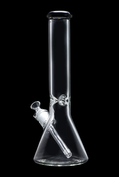 Clear glass bong against a black background.