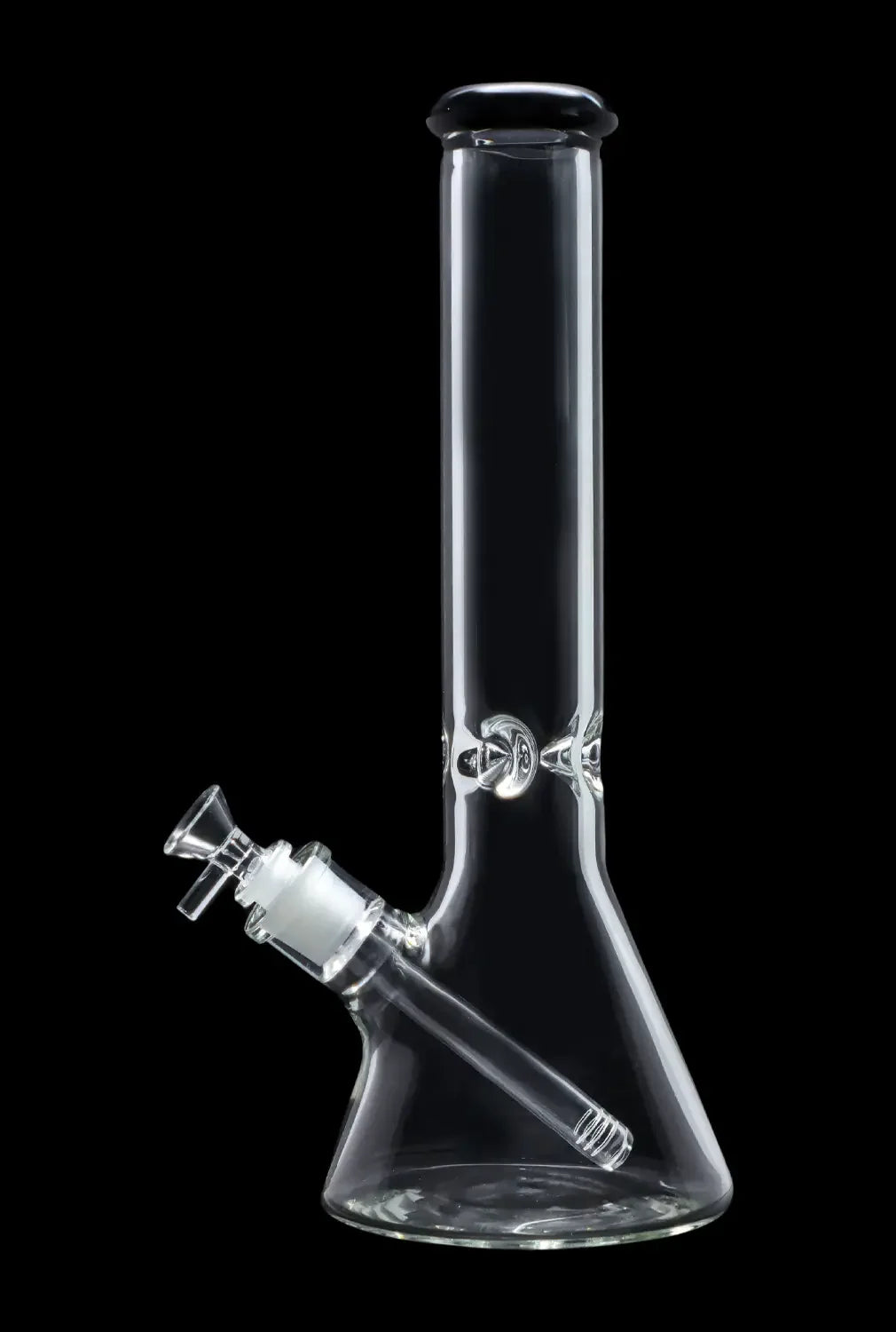 Clear glass bong with ice catch and detachable downstem, isolated on a black background.