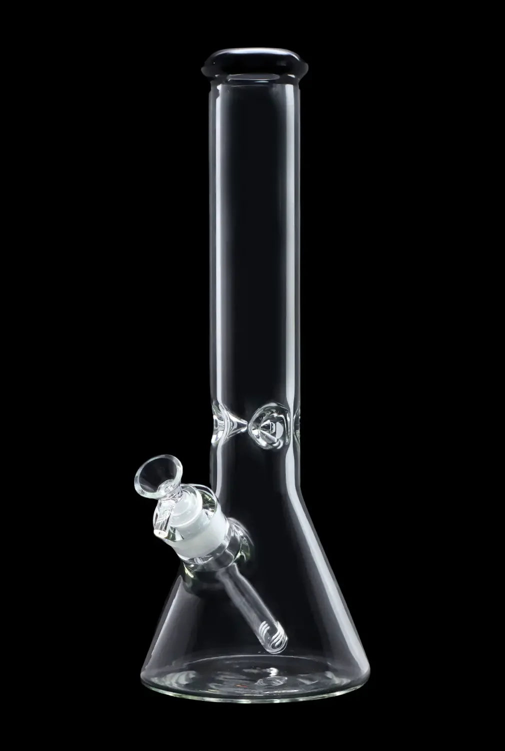 Clear glass bong with a downstem and bowl, isolated on a black background.