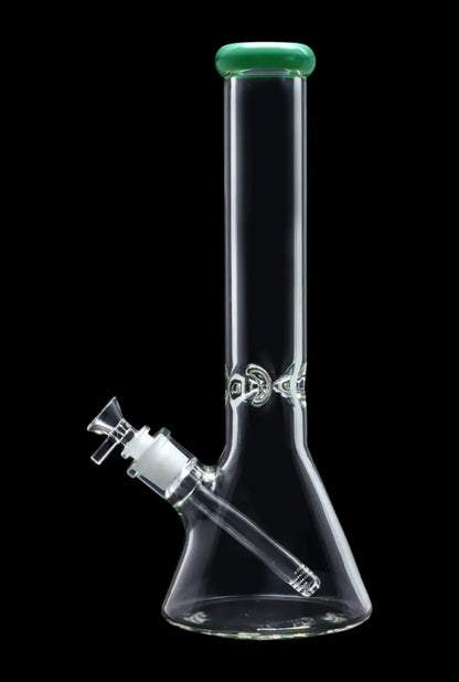 Clear glass bong with green accents and percolator visible through the glass.