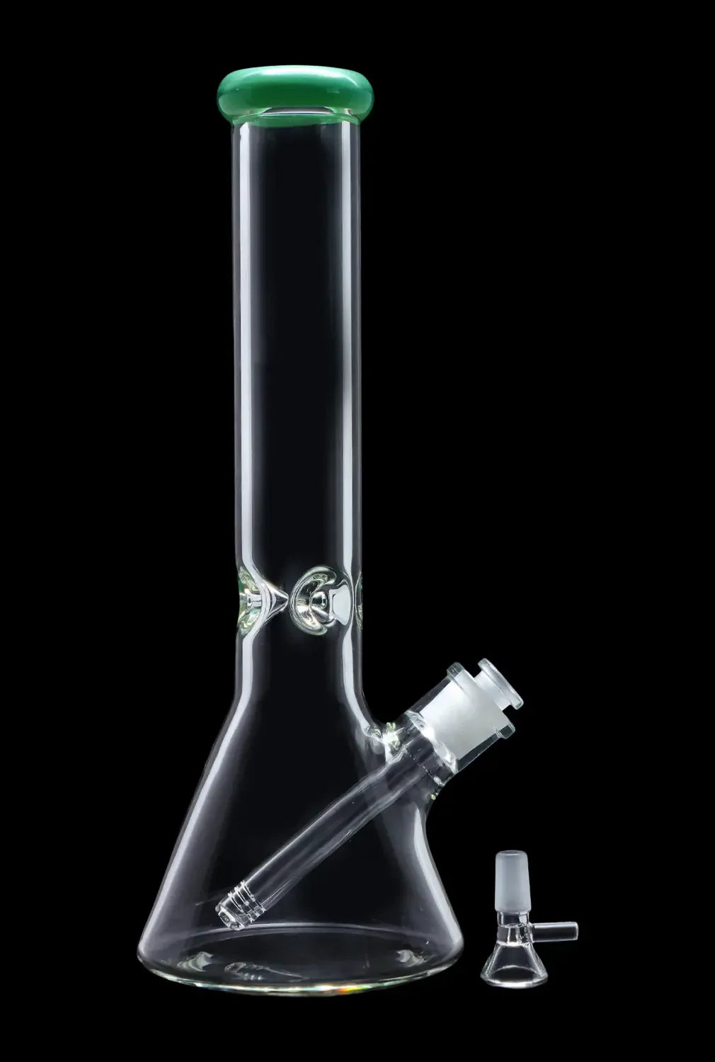 Clear glass water pipe (bong) with green accents and a detachable downstem, displayed against a black background.